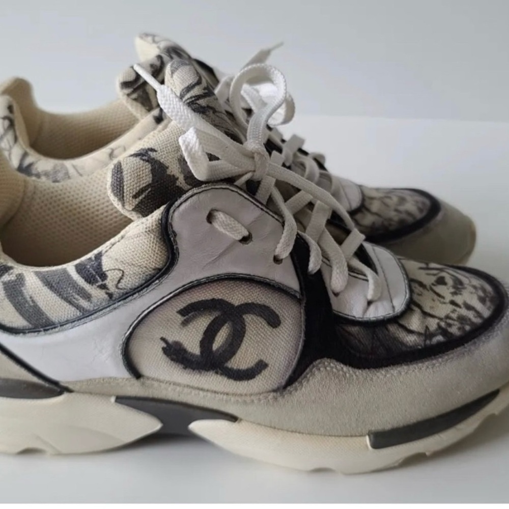 CHANEL Black, Cream and White Logo Panel Sneakers
